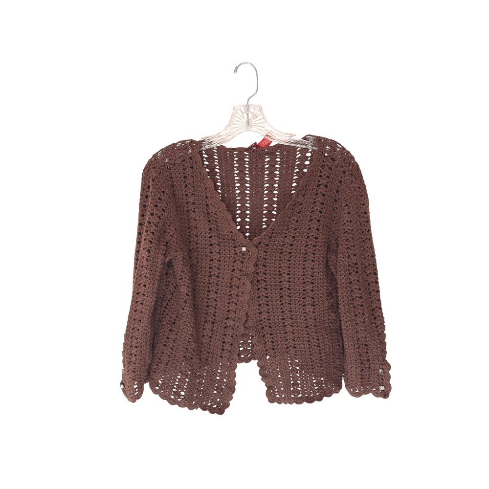 Women's Y2K Knit Crochet Cropped Cardigan Brown Gremlin‎ Moody Large Petite
